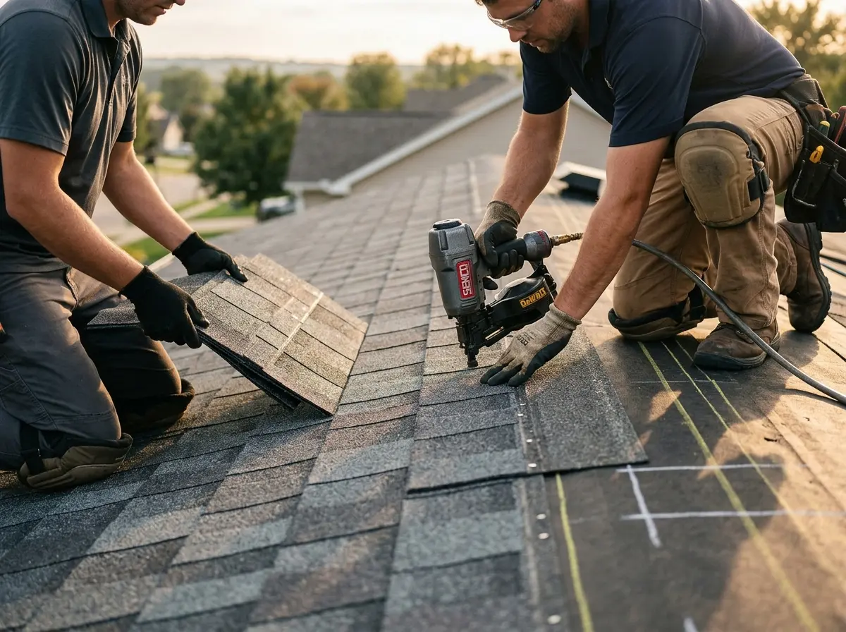 Professional roofer working on a residential roof in Ewa Gentry